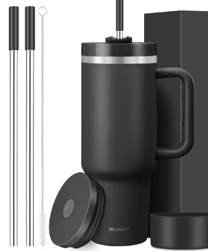 40 oz Double Wall Insulated Stainless Steel Tumbler Stanley Inspired with Handle and 2 Straws LeakProof Lids Water Bottle Travel Coffee Mug with Gift Box