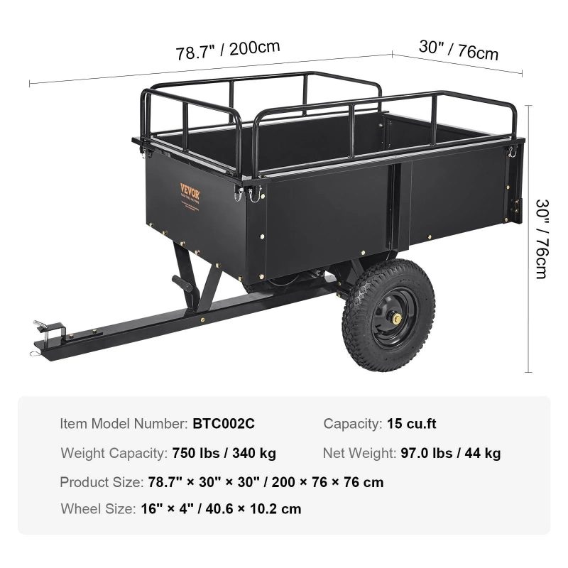 VEVOR Heavy Duty ATV Trailer Steel Dump Cart, 750-Pound 15 Cubic Feet, Garden Utility Trailer with Removable Sides for Riding L - 图片 5